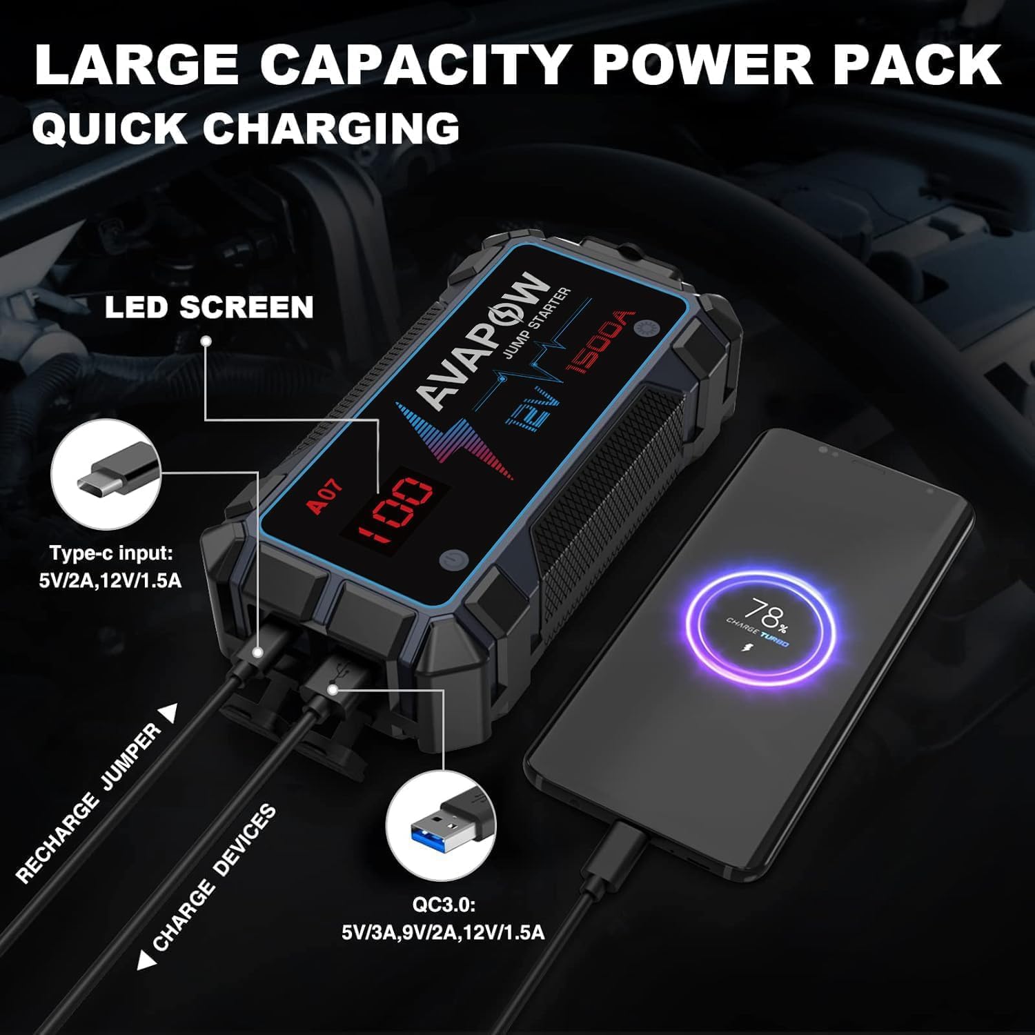 1500A Taşınabilir Akü Takviye Cihazı | 12V | Güçlü Marş Desteği