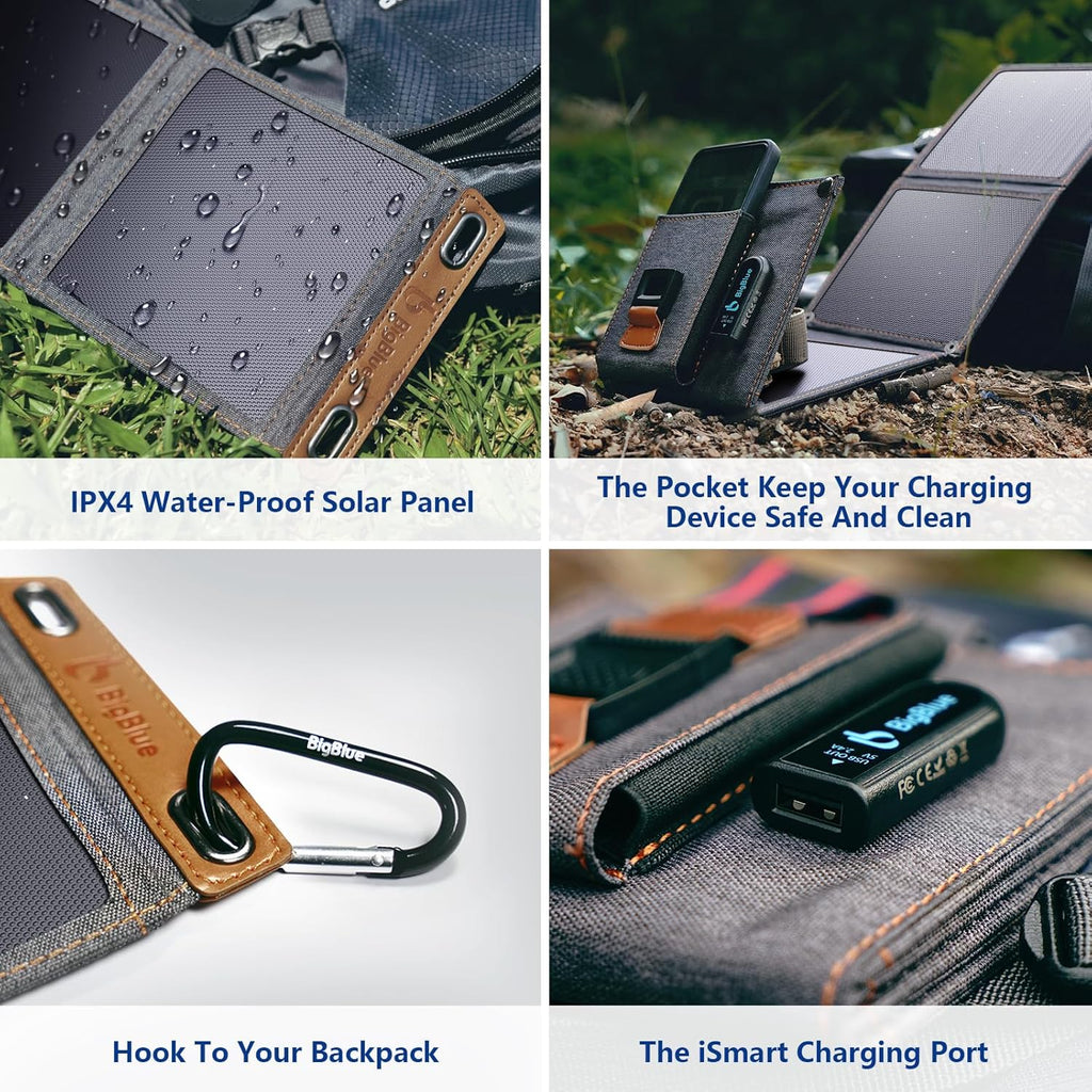 BigBlue 14W Taşınabilir Solar Şarj Cihazı – USB Çıkışlı, Suya Dayanıklı Güneş Paneli