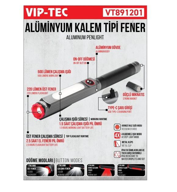VT891201 Alüminyum Kalem Tipi Şarjlı Fener | Taktik ve Outdoor Işık